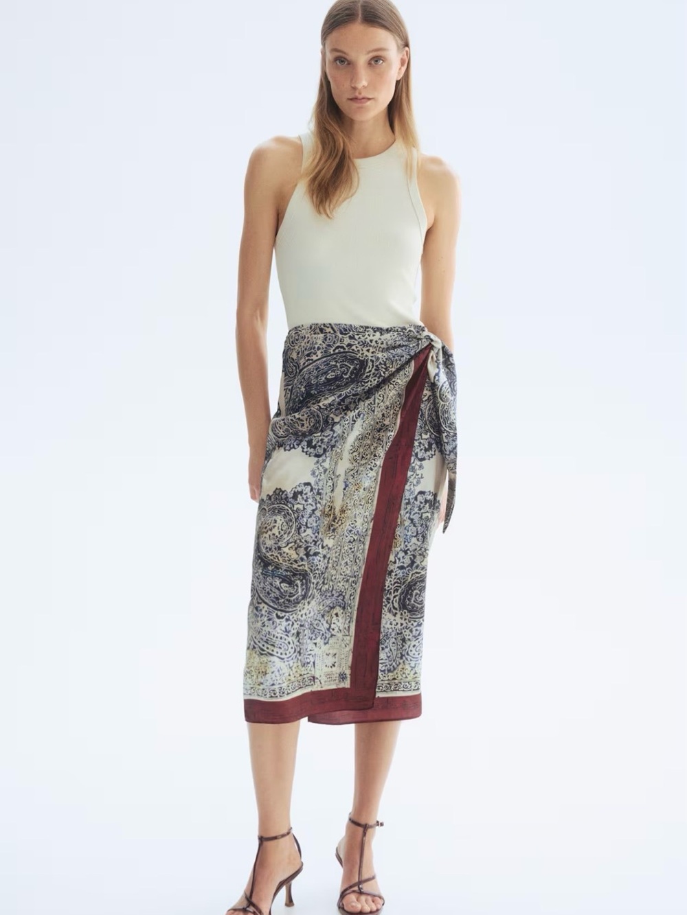 H&M Cream Paisley Wrap Midi Skirt with Burgundy Border